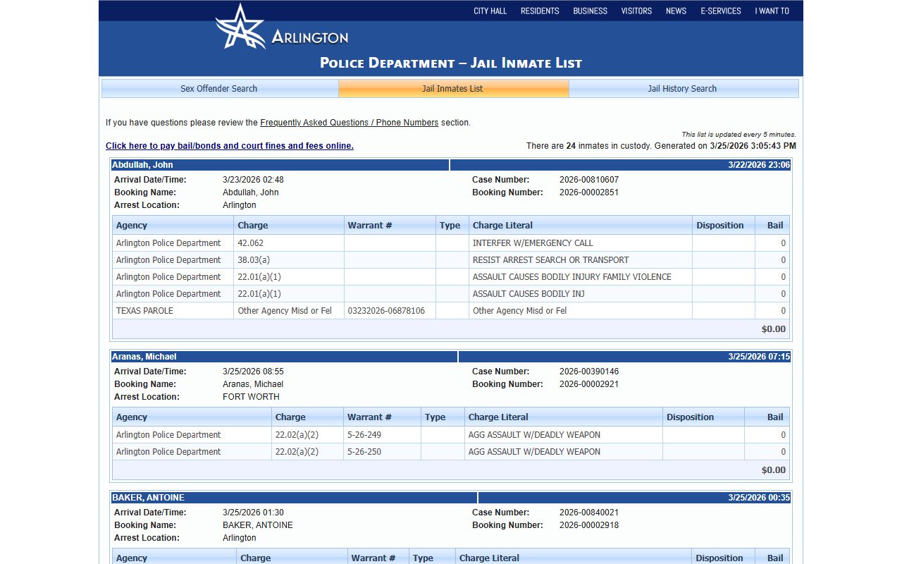 Arlington 24 hour booking police department jail inmate list